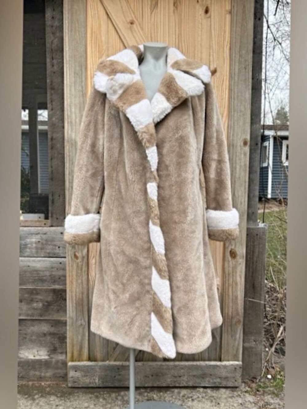 Vintage Sears Fashions Long Light Brown White Stripe Faux Fur Coat~L~